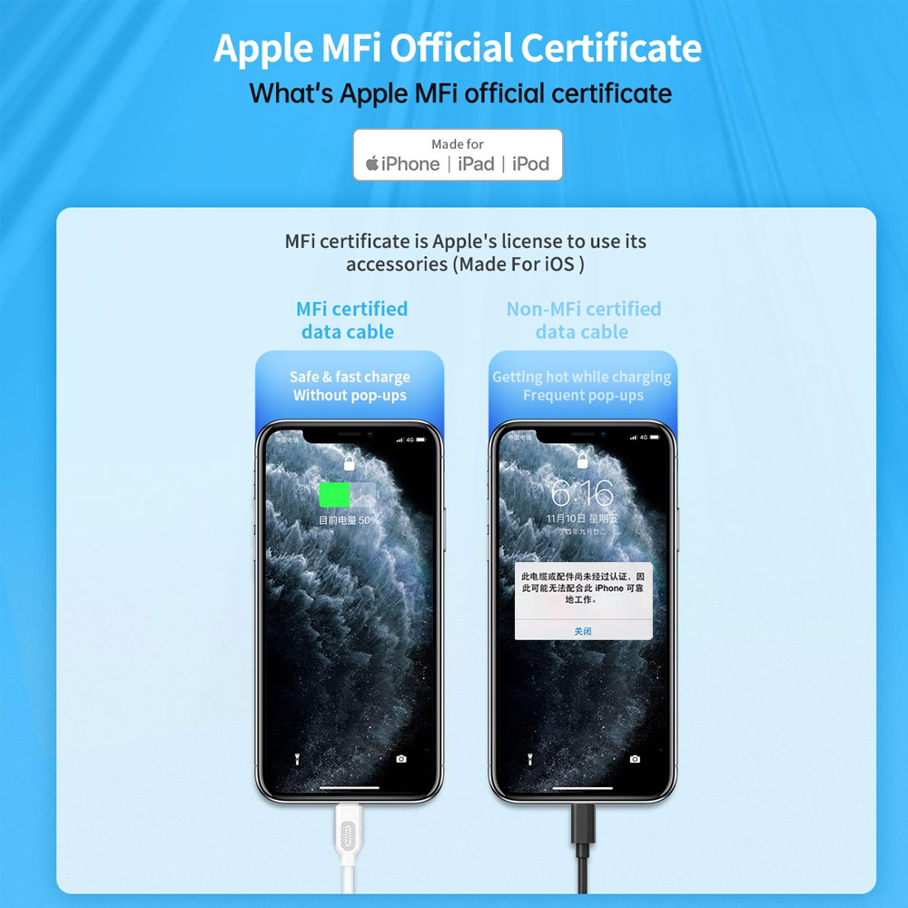 Picture of Rock High Quaity MFI Certified Original Chip PD 20W Fast Charge Type C to Lightning Cable for iPhone 11 Pro Max iPhone 12 Pro Max 100cm  (White)