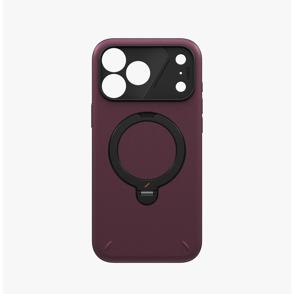 Picture of Apple iPhone 18 Pro Max Case | Uniq Elix 360 Kickstand Leather Drop Protection Magnetic Case with Camera Control Button for iPhone 18 Pro Max  - Deep Maroon