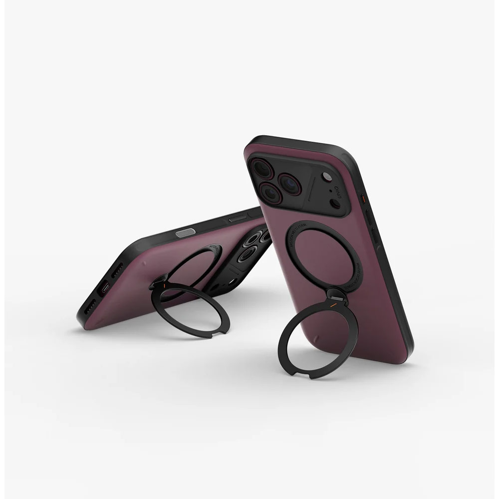 Picture of Apple iPhone 18 Pro Max Case | Uniq Elix 360 Kickstand Leather Drop Protection Magnetic Case with Camera Control Button for iPhone 18 Pro Max  - Deep Maroon