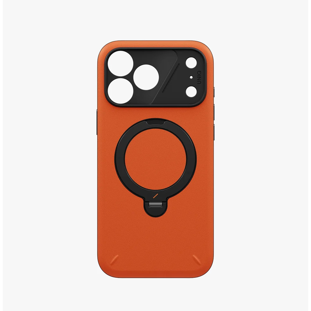 Picture of Apple iPhone 18 Pro Max Case | Uniq Elix 360 Kickstand Leather Drop Protection Magnetic Case with Camera Control Button for iPhone 18 Pro Max  - Volt Orange