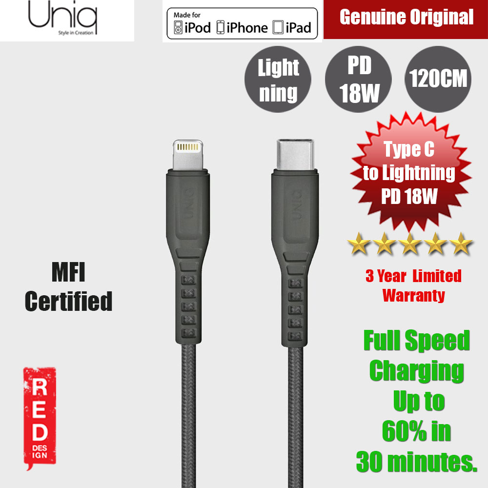 Picture of Uniq Flex PD Power Delivery 18W MFI Certified Type C to Lightning MFI Cable (Grey) Red Design- Red Design Cases, Red Design Covers, iPad Cases and a wide selection of Red Design Accessories in Malaysia, Sabah, Sarawak and Singapore 