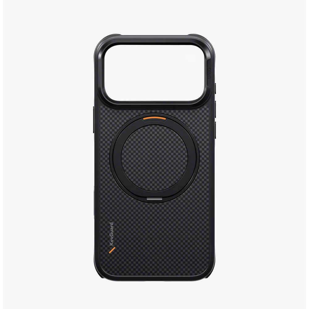 Picture of Apple iPhone 18 Pro Max Case | Uniq Keva Mov 360 Kickstand Aramid Magnetic Protection Case with Camera Control Button for iPhone 18 Pro Max - Carbon Black